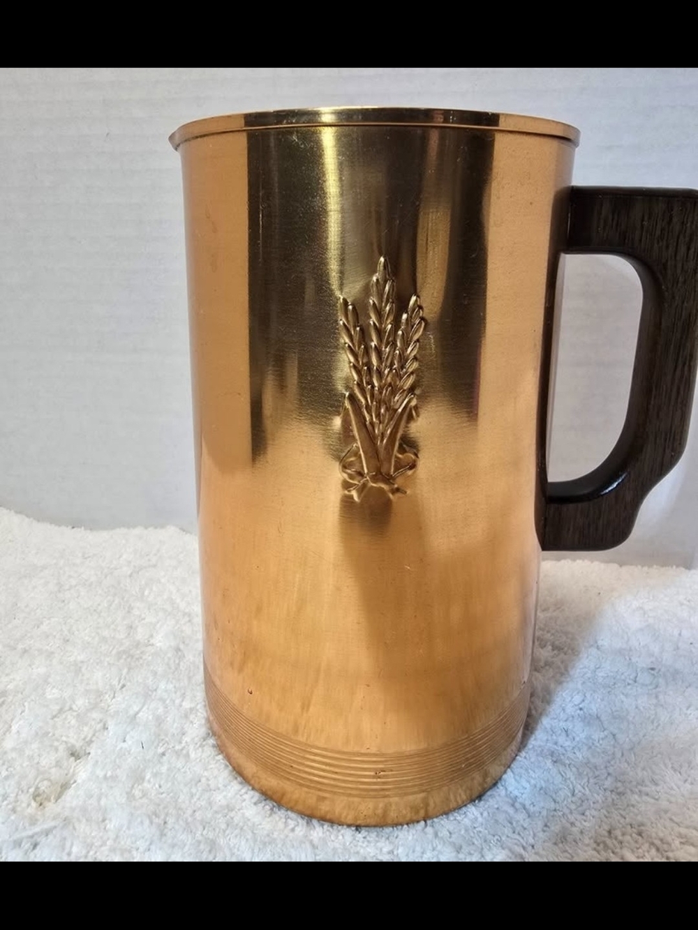 Vintage West Bend Solid Copper Pitcher Wood Handle Wheat Pattern 7"